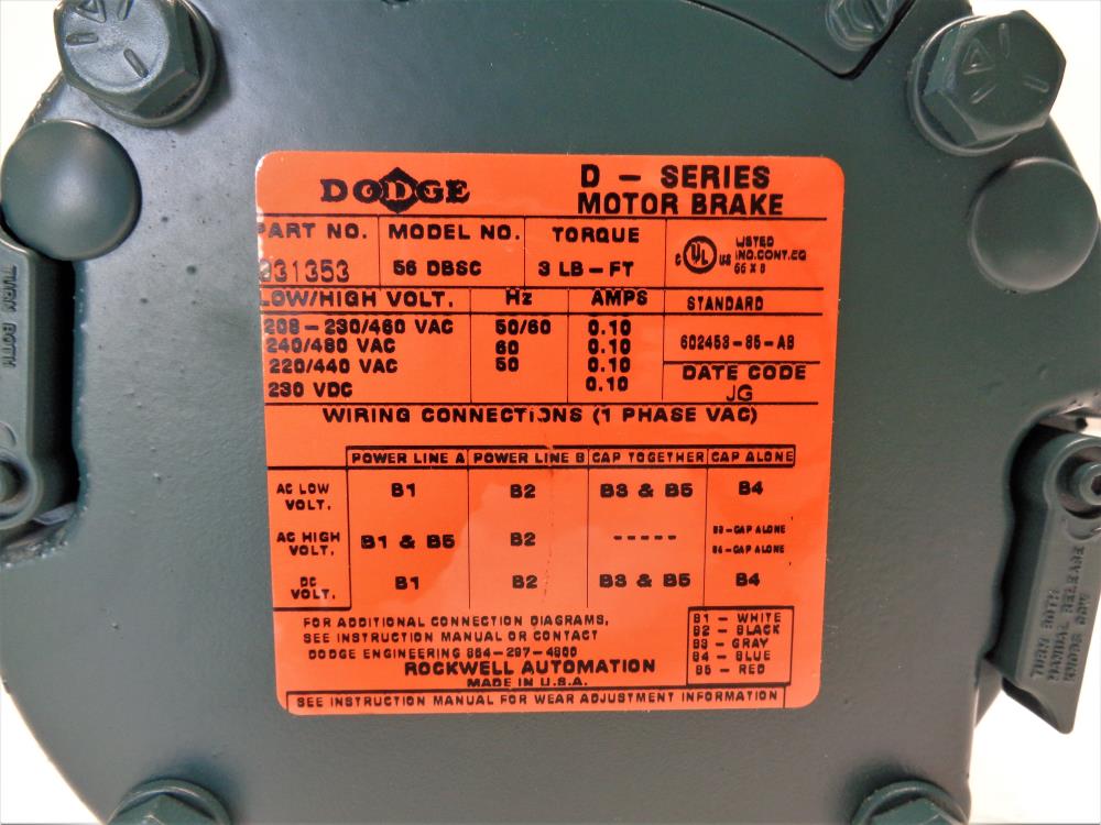 Dodge D-Series Motor Brake 56 DBSC, Part# 031353 w/Reliance Electric 1/2HP Motor